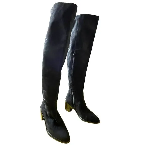 Over-The-Knee Black Fabric Boots With Block Heel Size 7.5 NEW