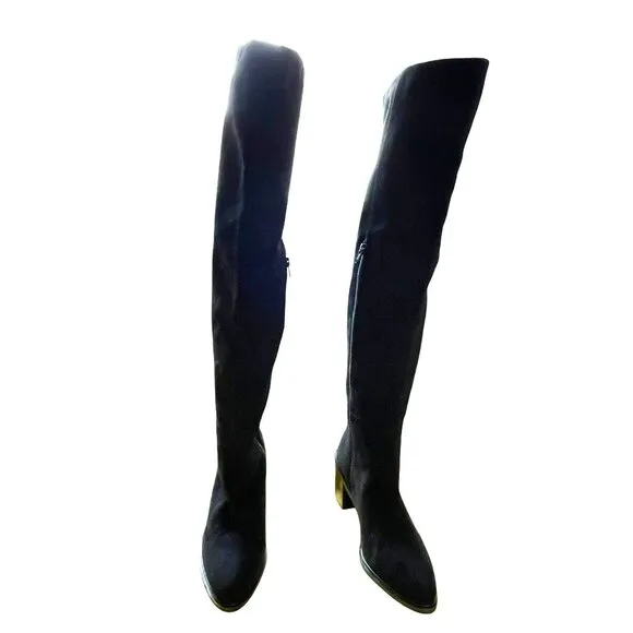 Over-The-Knee Black Fabric Boots With Block Heel Size 7.5 NEW