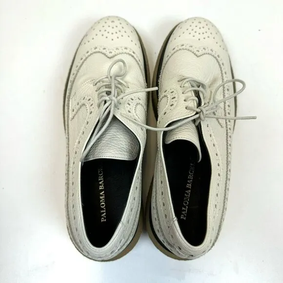 Paloma Barcelo Platform Wingtip Loafers Shoes Ivory Leather Womens Size 39 US 9