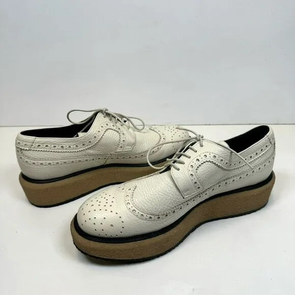 Paloma Barcelo Platform Wingtip Loafers Shoes Ivory Leather Womens Size 39 US 9