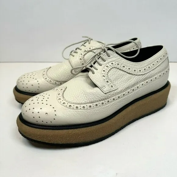 Paloma Barcelo Platform Wingtip Loafers Shoes Ivory Leather Womens Size 39 US 9