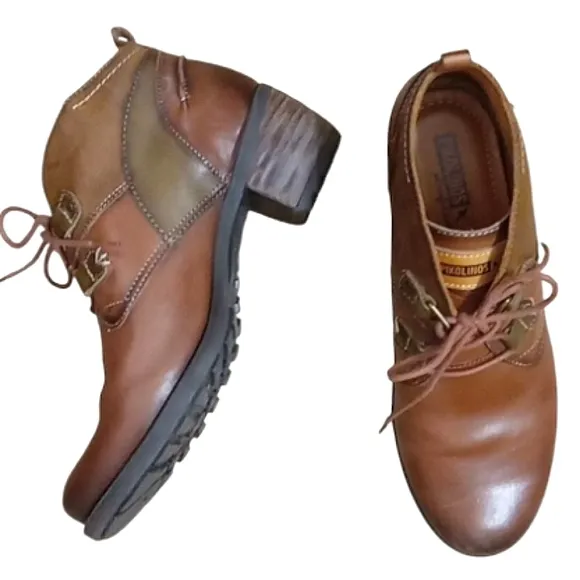PIKOLINOS Ankle Boots in Cuero Leather Lace Up Block Heel Round Toe