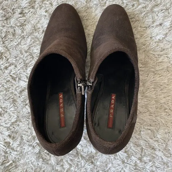 Prada Women’s Boots Brown Suede Zip-Up High Heeled Ankle Shoes Size 8.5