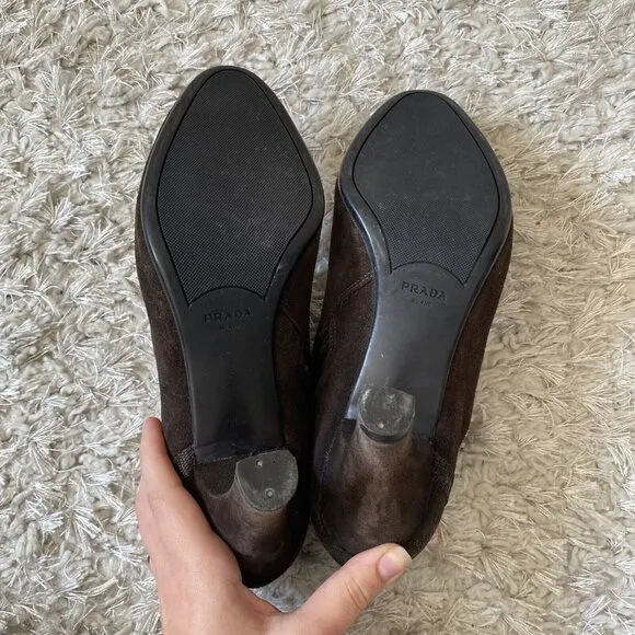 Prada Women’s Boots Brown Suede Zip-Up High Heeled Ankle Shoes Size 8.5