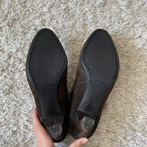 Prada Women’s Boots Brown Suede Zip-Up High Heeled Ankle Shoes Size 8.5