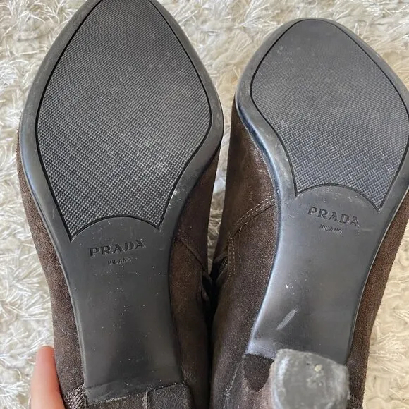 Prada Women’s Boots Brown Suede Zip-Up High Heeled Ankle Shoes Size 8.5