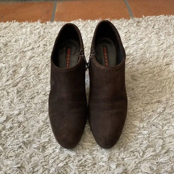 Prada Women’s Boots Brown Suede Zip-Up High Heeled Ankle Shoes Size 8.5