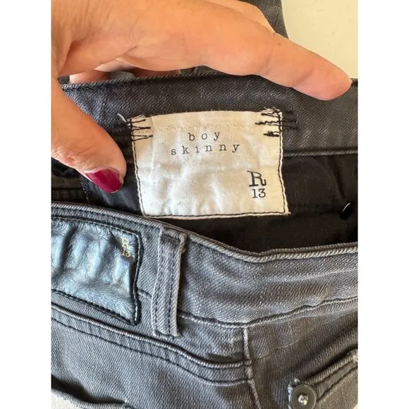 R13 Boy Skinny Jeans Mid Rise Whiskered 5 Pocket Denim Euro Punk Grunge, 28