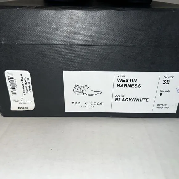 Rag &amp; Bone Westin Harness‎ Bootie Black/White Sz 9 (39 EU) MSRP $550- New In Box