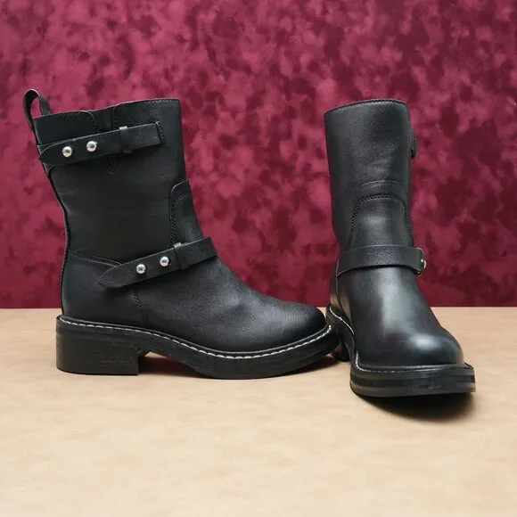 Rag&amp;Bone Women Moto Black Leather Riding Biker Boots size 8US EUR38