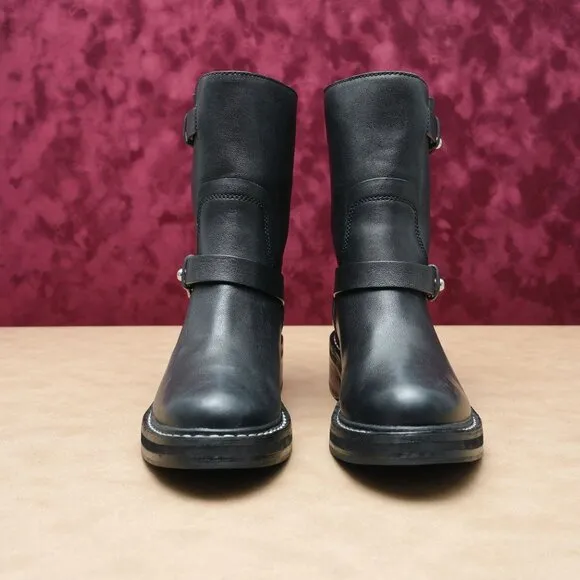 Rag&amp;Bone Women Moto Black Leather Riding Biker Boots size 8US EUR38