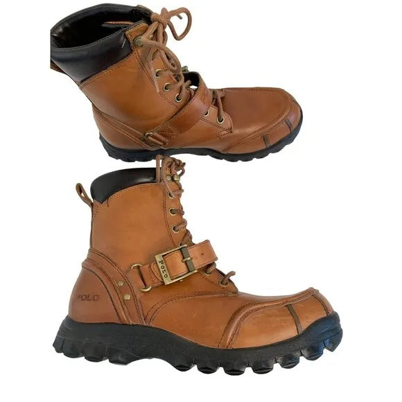 Ralph Lauren Polo Tan Waxy Leather Duck Boots Mens Size 8.5 D Rubber Sole 8952