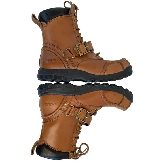 Ralph Lauren Polo Tan Waxy Leather Duck Boots Mens Size 8.5 D Rubber Sole 8952