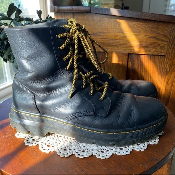 RARE Doc’s Dr. Martens Vintage Black Leather Boots with Yellow Laces EUC