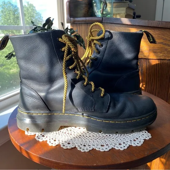 RARE Doc’s Dr. Martens Vintage Black Leather Boots with Yellow Laces EUC