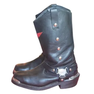 Red Wing Black Leather Moto Biker Boots with Chrome Studs and Harness Detail