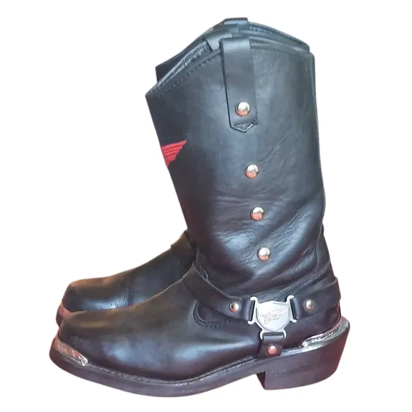 Red Wing Black Leather Moto Biker Boots with Chrome Studs and Harness Detail