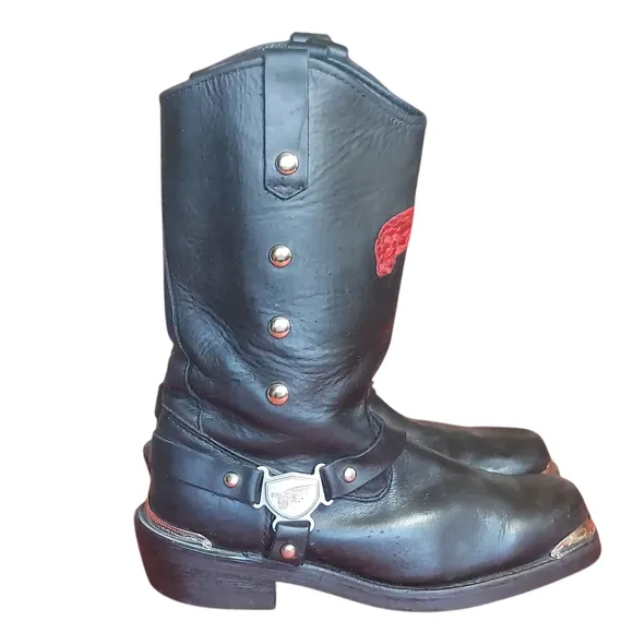Red Wing Black Leather Moto Biker Boots with Chrome Studs and Harness Detail
