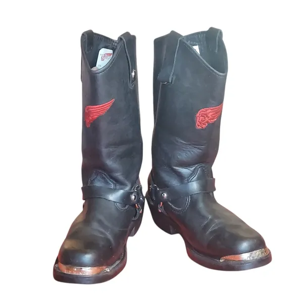 Red Wing Black Leather Moto Biker Boots with Chrome Studs and Harness Detail