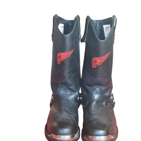 Red Wing Black Leather Moto Biker Boots with Chrome Studs and Harness Detail