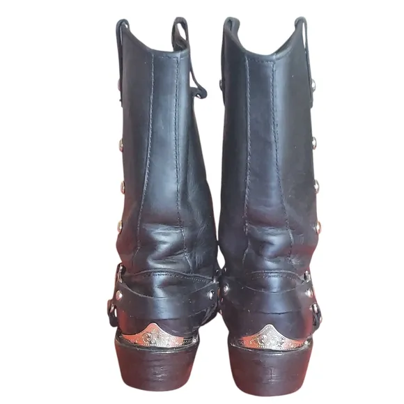 Red Wing Black Leather Moto Biker Boots with Chrome Studs and Harness Detail