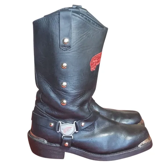 Red Wing Black Leather Moto Biker Boots with Chrome Studs and Harness Detail