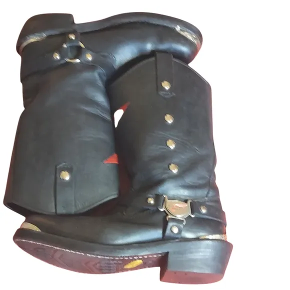 Red Wing Black Leather Moto Biker Boots with Chrome Studs and Harness Detail