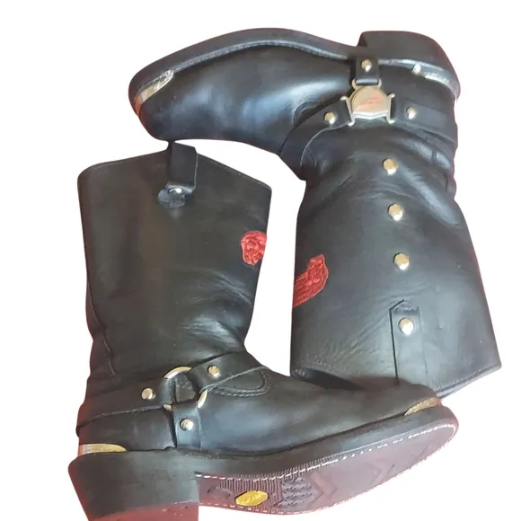Red Wing Black Leather Moto Biker Boots with Chrome Studs and Harness Detail