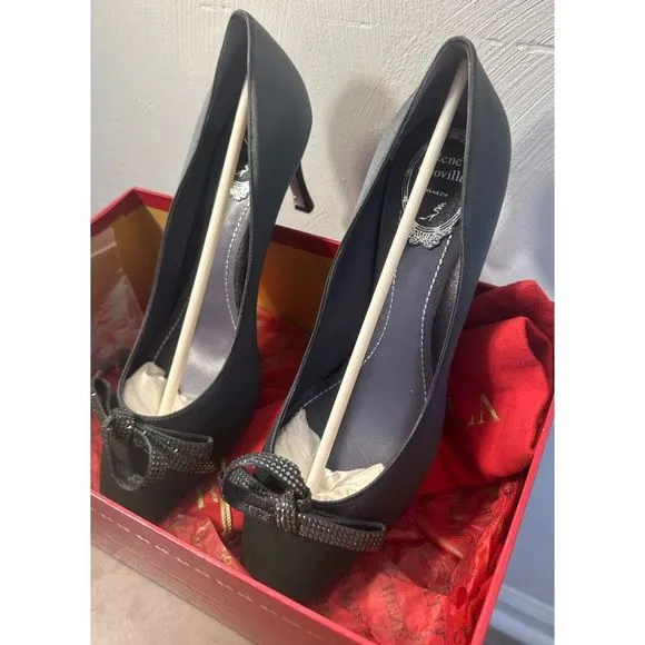 Rene Caovilla Women's Grigio Embellished Bow Satin Pump - Size 41