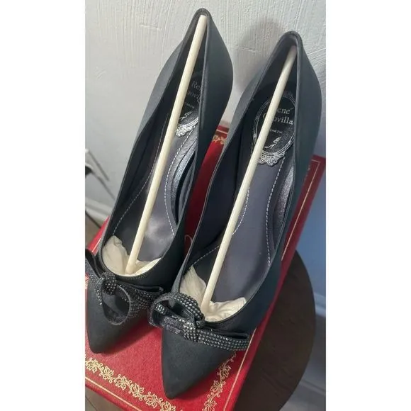 Rene Caovilla Women's Grigio Embellished Bow Satin Pump - Size 41