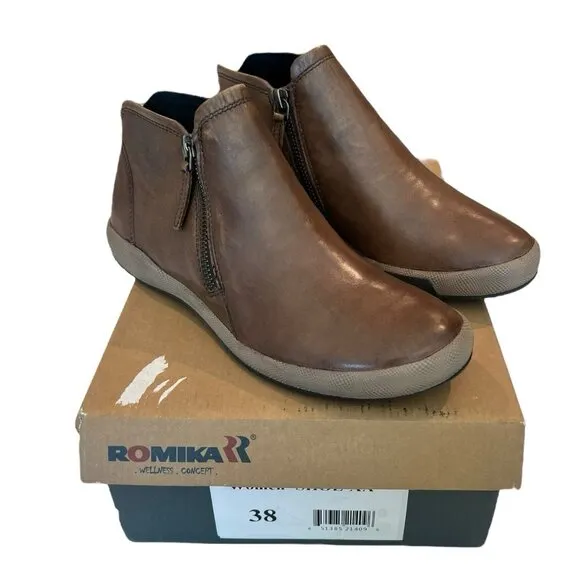 Romika Women’s Ankle Boots Zip Brown Leather Sz 38 Soft Comfort Cushioned Nice
