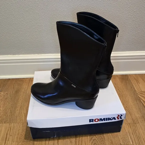 Romika Womens Daisy Black Leather Block Heel Mid-Calf Boots Shoes NWT