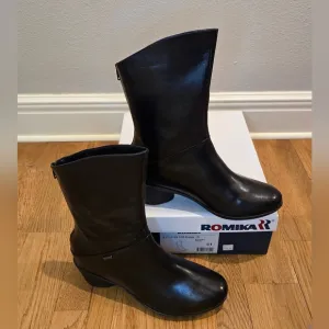 Romika Womens Daisy Black Leather Block Heel Mid-Calf Boots Shoes NWT