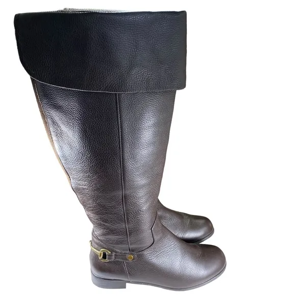 Ros Hommerson Brown Knee Boots with Buckle on Heel Womens Shoes Size 8