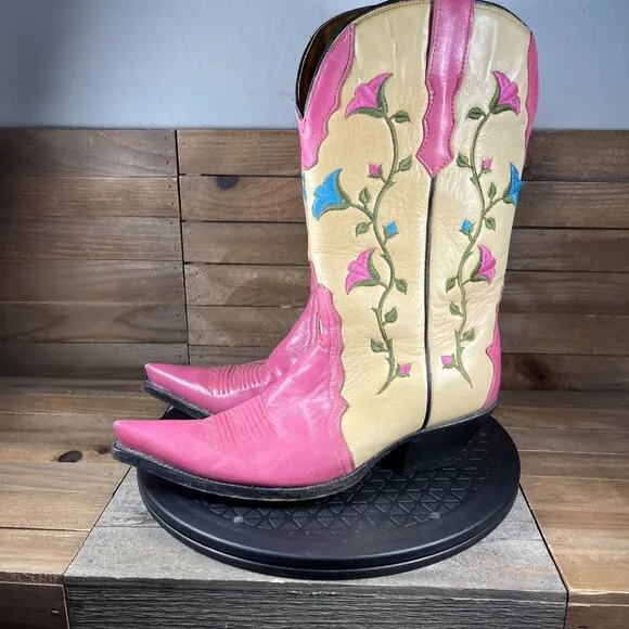 Rudel Womens Size 7E Rodeo Flower Embroidered Slip On Pink Vintage Cowboy Boots