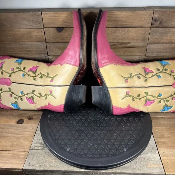 Rudel Womens Size 7E Rodeo Flower Embroidered Slip On Pink Vintage Cowboy Boots