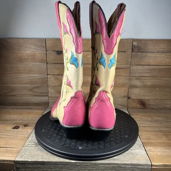 Rudel Womens Size 7E Rodeo Flower Embroidered Slip On Pink Vintage Cowboy Boots