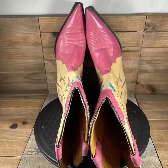 Rudel Womens Size 7E Rodeo Flower Embroidered Slip On Pink Vintage Cowboy Boots