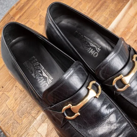 Salvatore Ferragamo Horse-Bit Men Dress Shoes Loafers Black Leather US 10.5 D