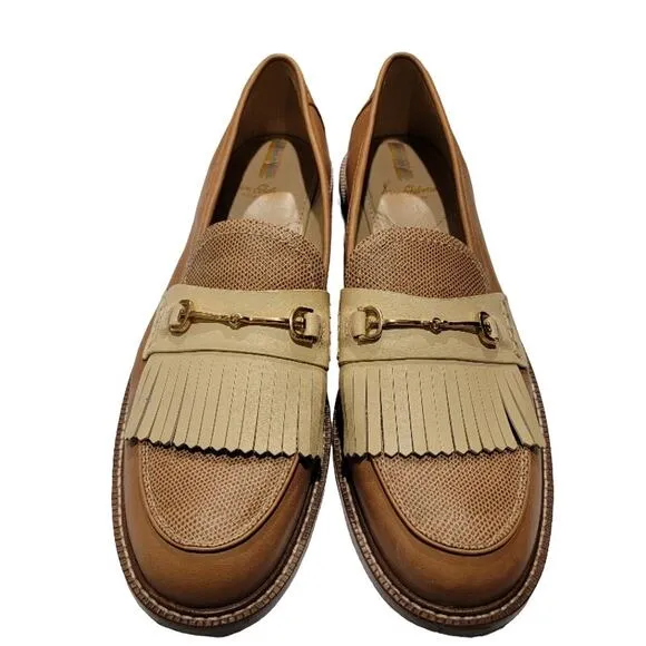 Sam Edelman Loafers Women's Leather Sz 9.5 Slip On Shoes Tan Fringe Gold