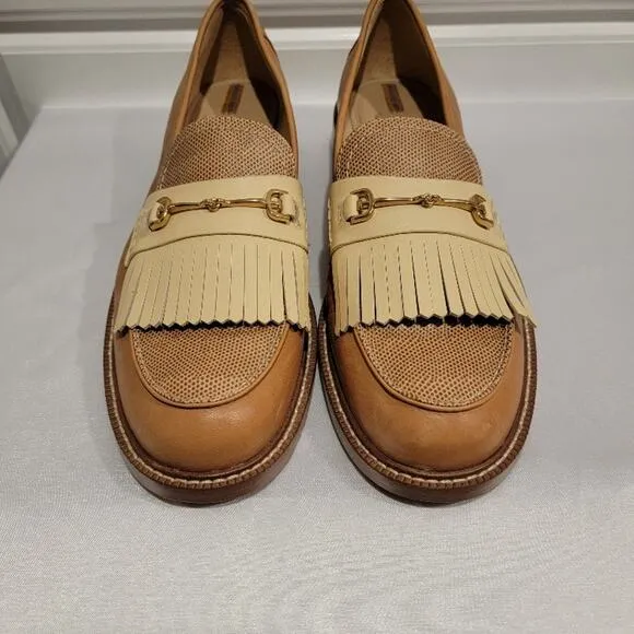 Sam Edelman Loafers Women's Leather Sz 9.5 Slip On Shoes Tan Fringe Gold