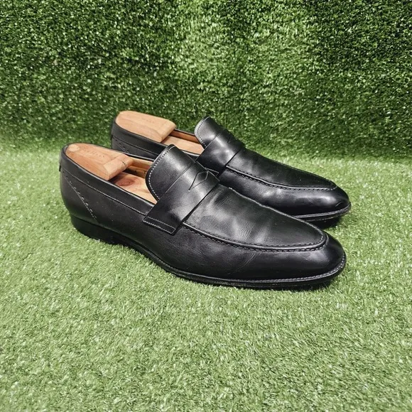 Santoni Black Leather Penny Loafers Slip On Dress Shoes Mens US 10 Made in Italy