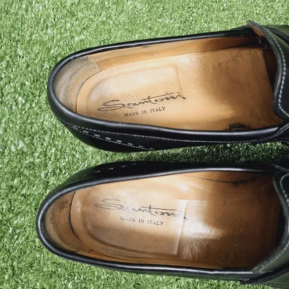Santoni Black Leather Penny Loafers Slip On Dress Shoes Mens US 10 Made in Italy