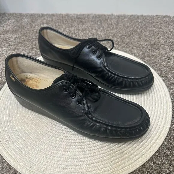 SAS Bounce Comfort Wedge Black Leather Handsewn Walking Shoes Women Sz 11M