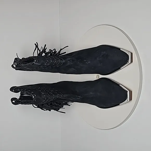 Schutz Alexxa Bootie Heeled Boots Pull-On Fringe Pointed Suede Western Black 5 B