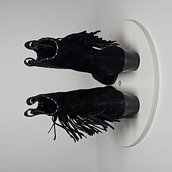 Schutz Alexxa Bootie Heeled Boots Pull-On Fringe Pointed Suede Western Black 5 B