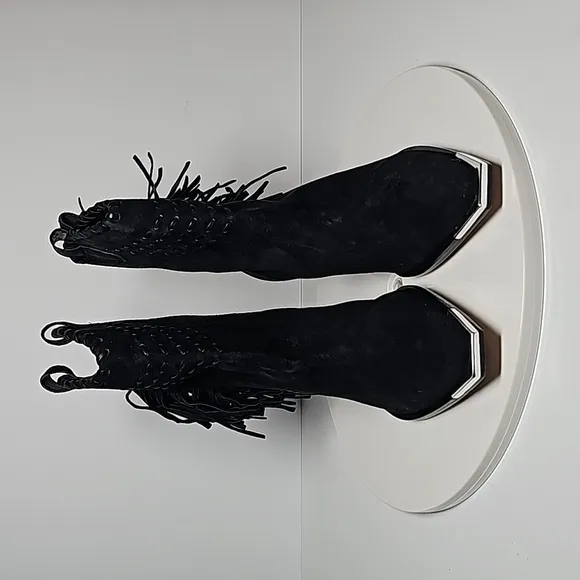 Schutz Alexxa Bootie Heeled Boots Pull-On Fringe Pointed Suede Western Black 5 B
