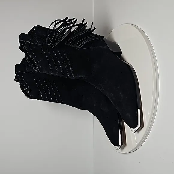 Schutz Alexxa Bootie Heeled Boots Pull-On Fringe Pointed Suede Western Black 5 B