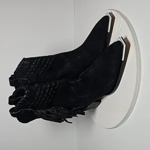 Schutz Alexxa Bootie Heeled Boots Pull-On Fringe Pointed Suede Western Black 5 B