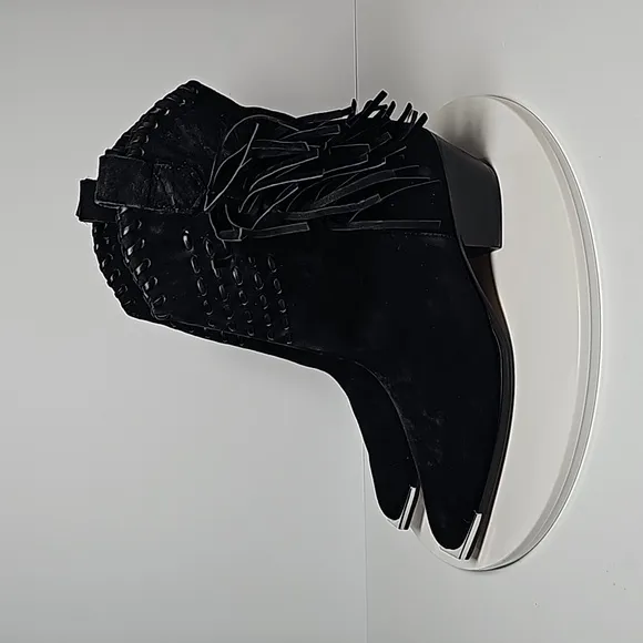 Schutz Alexxa Bootie Heeled Boots Pull-On Fringe Pointed Suede Western Black 5 B
